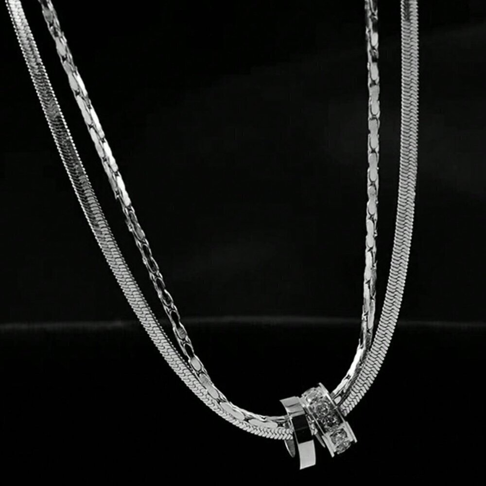 Silver Casual Women's Stainless Steel Round Cz Inlaid Double Layer Necklace - Picture 2 of 14
